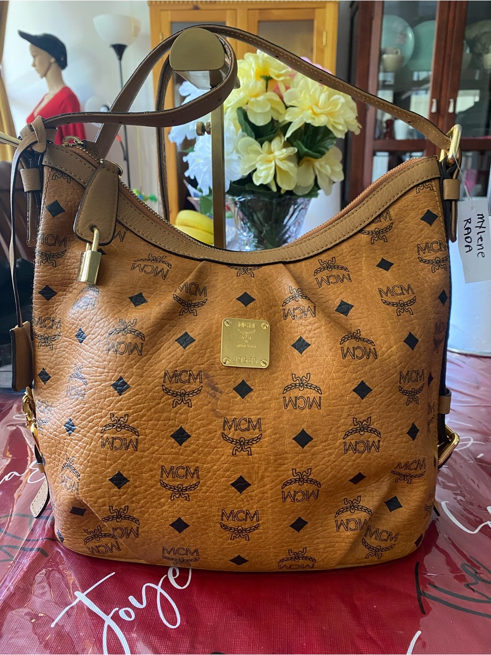 MCM Cognac Logo-Print Shoulder Hobo with Gold Plaque
